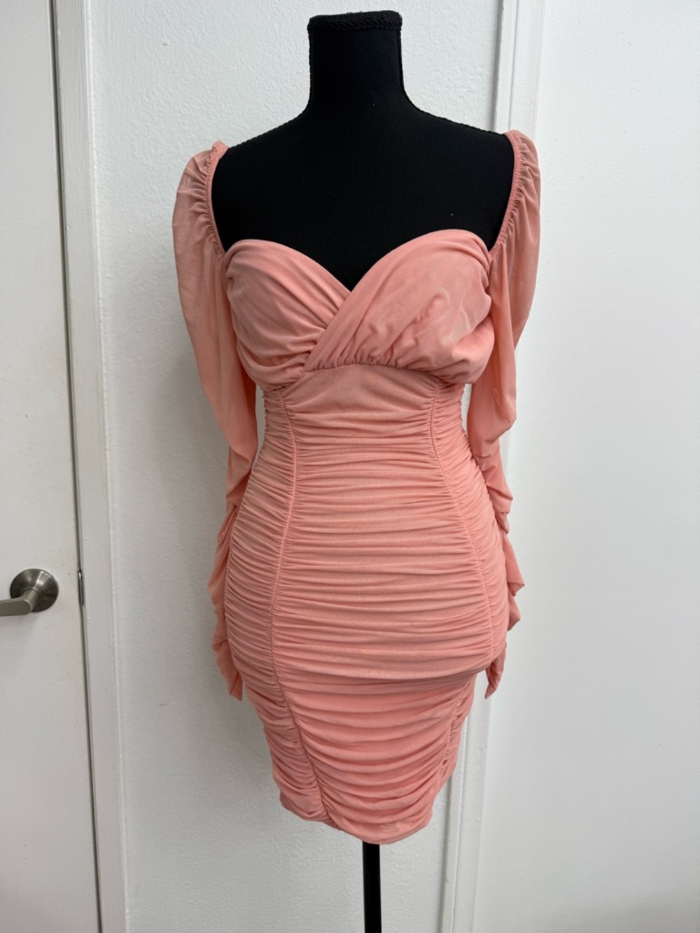 Oh Polly Peach Ruched Sweetheart Mini Dress